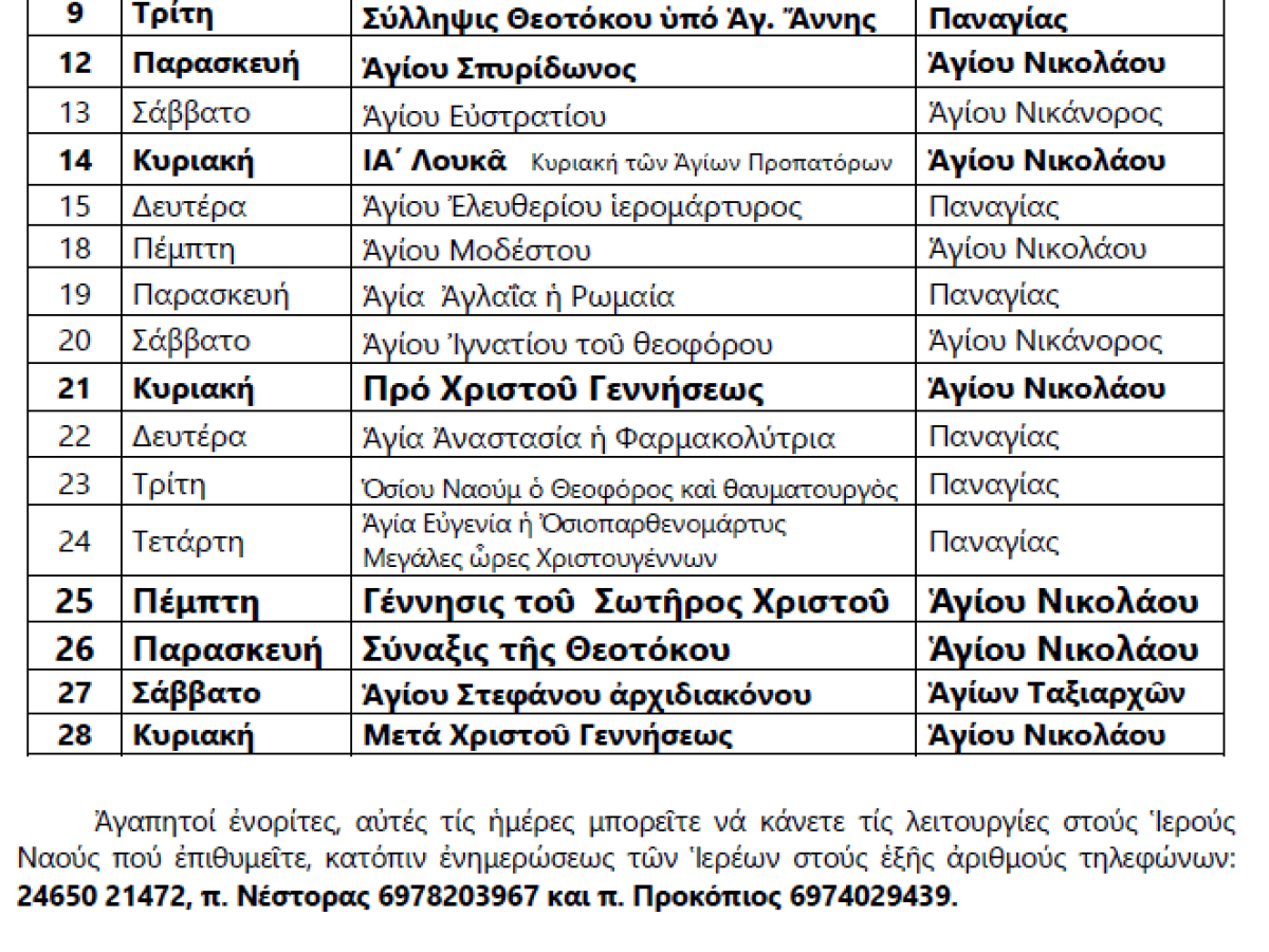 Πρόγραμμα Θείων Λειτουργιών Δεκεμβρίου 2025