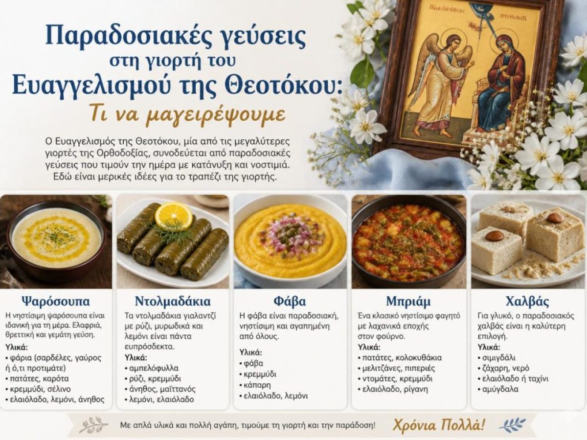 Παραδοσιακές γεύσεις στη γιορτή του Ευαγγελισμού της Θεοτόκου: Τι να μαγειρέψουμε