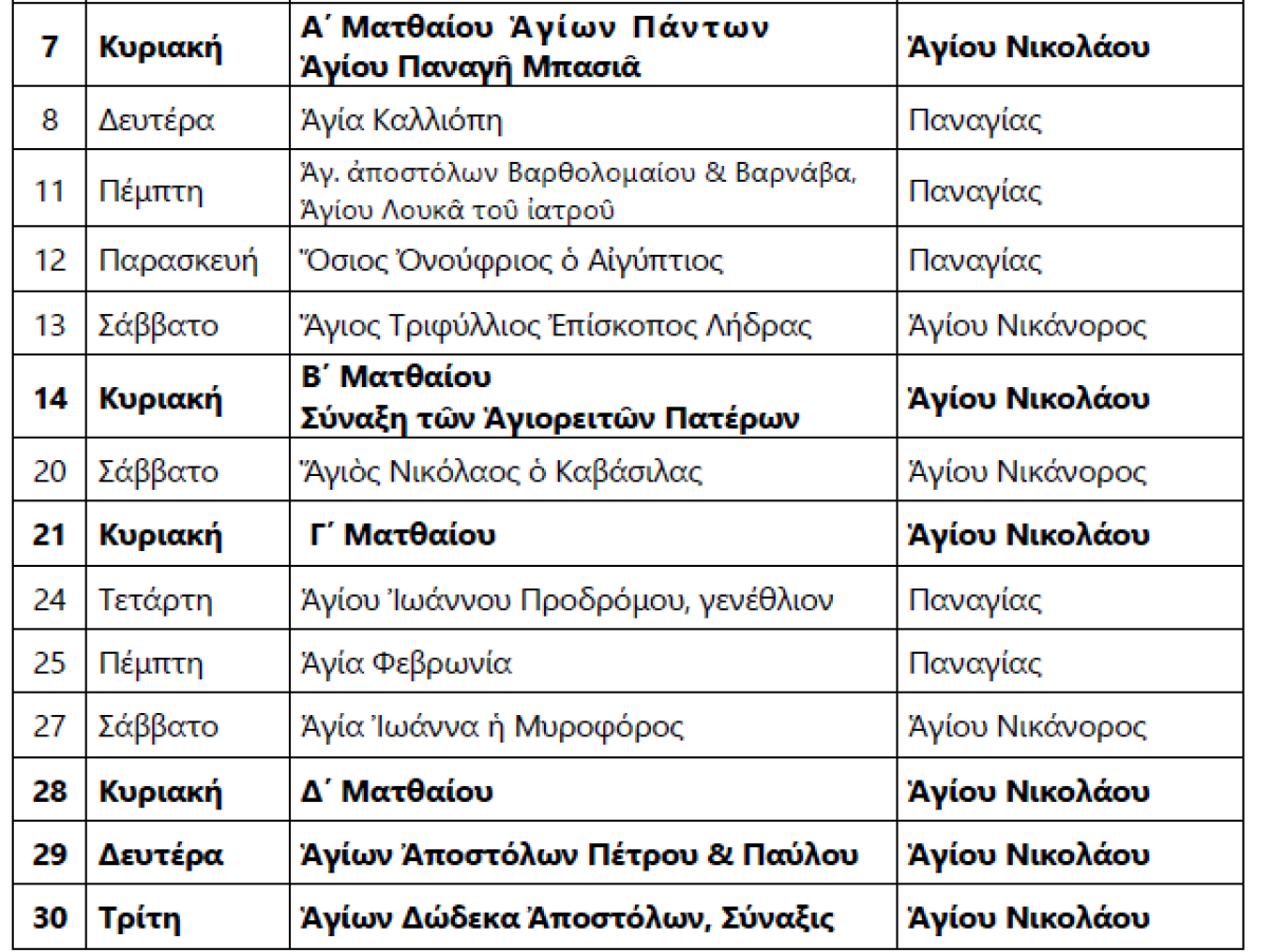 Πρόγραμμα Θείων Λειτουργιών Ιουνίου 2026.